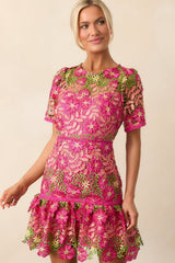 A Work Of Art Magenta Pink Floral Embroidered Mini Dress