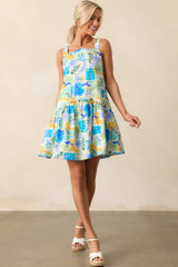 Roll With It Blue Tropical Print Cotton Drop Waist Mini Dress