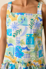 Roll With It Blue Tropical Print Cotton Drop Waist Mini Dress