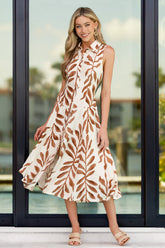 Already Handled It Light Brown Botanical Print Midi Shirt Dress