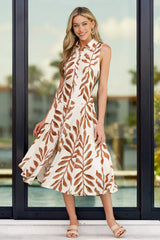 Already Handled It Light Brown Botanical Print Midi Shirt Dress