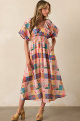 You're Right On Time Blush Pink Floral Plaid Maxi Dress