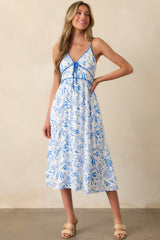 Drifting With The Wind Blue Tropical Print Midi Dress