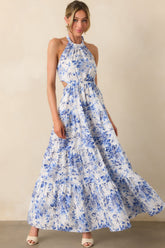 Secret Garden Blue Floral Cotton Halter Maxi Dress