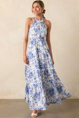 Secret Garden Blue Floral Cotton Halter Maxi Dress