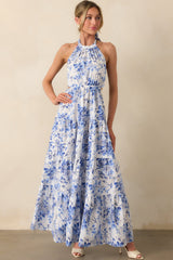 Secret Garden Blue Floral Cotton Halter Maxi Dress