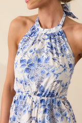 Secret Garden Blue Floral Cotton Halter Maxi Dress
