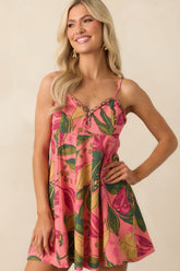 Escaping It All Pink Tropical Print Linen Mini Dress