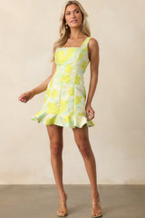 Sweet Like Honey Yellow Green Floral Jacquard Mini Dress