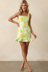 Sweet Like Honey Yellow Green Floral Jacquard Mini Dress