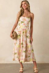 Live For The Moment Beige Tropical Print Linen Strapless Midi Dress