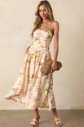 Live For The Moment Beige Tropical Print Linen Strapless Midi Dress