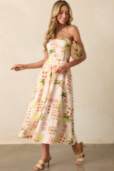 Live For The Moment Beige Tropical Print Linen Strapless Midi Dress