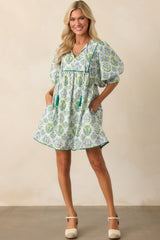 A Little Something Green Geometric Floral Cotton Mini Dress