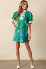 Sweet Escape Green Floral Cotton Puff Sleeve Mini Dress