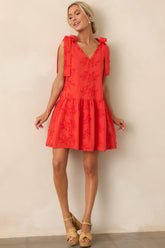 Holding Things Together Red Floral Embroidered Cotton Mini Dress