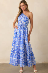 To Brighter Days Violet Blue Floral Cotton One Shoulder Maxi Dress