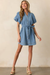 Rooftop Soiree Light Wash Denim Button Front Mini Dress