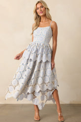 Within Myself Sky Blue Embroidered Eyelet Asymmetric Maxi Dress