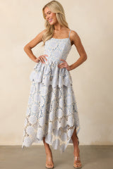 Within Myself Sky Blue Embroidered Eyelet Asymmetric Maxi Dress