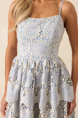 Within Myself Sky Blue Embroidered Eyelet Asymmetric Maxi Dress
