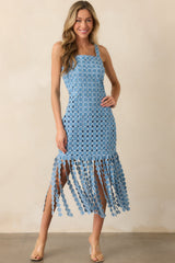 The Finer Things Blue Embroidered Fringe Midi Dress