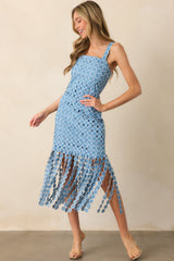 The Finer Things Blue Embroidered Fringe Midi Dress