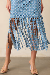 The Finer Things Blue Embroidered Fringe Midi Dress