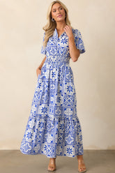 Serene Whispers Blue Sicilian Tile Print Cotton Maxi Dress