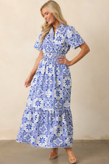 Serene Whispers Blue Sicilian Tile Print Cotton Maxi Dress