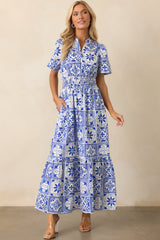 Serene Whispers Blue Sicilian Tile Print Cotton Maxi Dress
