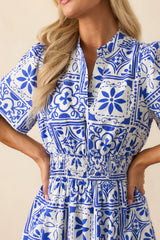 Serene Whispers Blue Sicilian Tile Print Cotton Maxi Dress