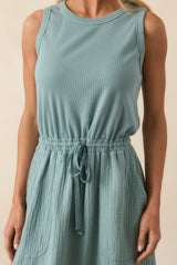 Moving Slowly Sage Cotton Gauze Sleeveless Midi Dress