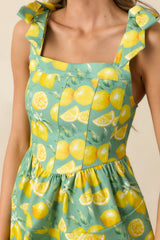 Sounds Like Fun Green Lemon Print Cotton Denim Mini Dress