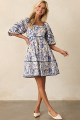 You Know The One Blue Floral Toile Cotton Half Sleeve Mini Dress