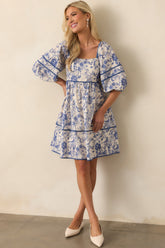 You Know The One Blue Floral Toile Cotton Half Sleeve Mini Dress