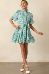 The Right Timing Teal Green Floral Cotton Mini Shirt Dress