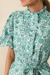 The Right Timing Teal Green Floral Cotton Mini Shirt Dress
