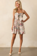 Swept Me Off My Feet Beige Multi Floral Tie Front Mini Dress