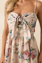 Swept Me Off My Feet Beige Multi Floral Tie Front Mini Dress