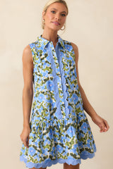 A Day To Remember Blue Floral Cotton Mini Shirt Dress