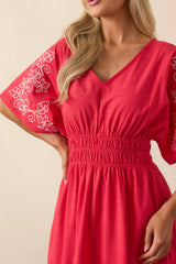 Finding Your Way Red Floral Embroidered Cotton Midi Dress