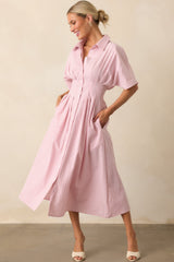 No Big Deal Pink Stripe Cotton Pleated Midi Shirt Dress
