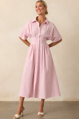 No Big Deal Pink Stripe Cotton Pleated Midi Shirt Dress