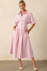No Big Deal Pink Stripe Cotton Pleated Midi Shirt Dress