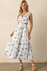 Callie Blue Palm Tree Print Cotton Cut-Out Maxi Dress