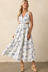 Callie Blue Palm Tree Print Cotton Cut-Out Maxi Dress