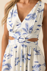 Callie Blue Palm Tree Print Cotton Cut-Out Maxi Dress
