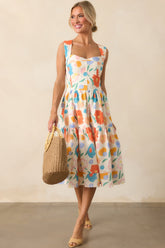 A Familiar Feeling Orange Floral Print Cotton Denim Midi Dress