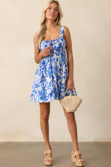 A Life Well Lived Blue Tropical Print Cotton Mini Dress